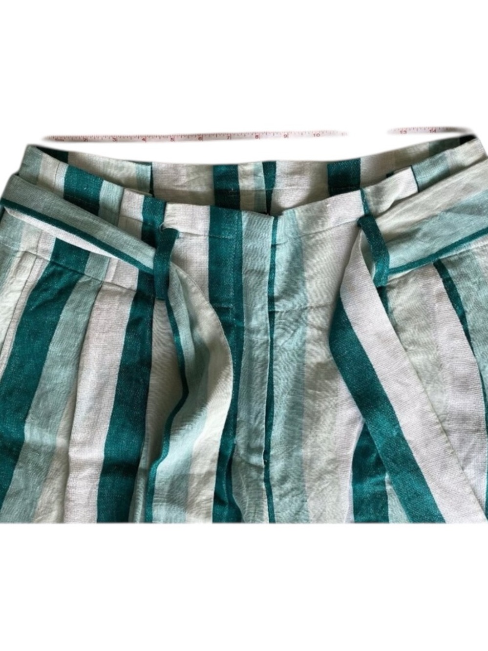 J.Crew Linen Stripe Crop Pants Tie Waist Wide Leg Teal White 12 - Picture 7 of 8